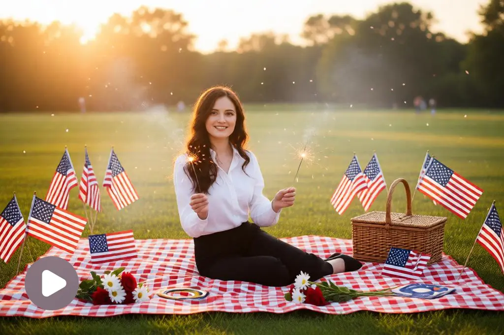 Woman at a patriotic picnic with sparklers.