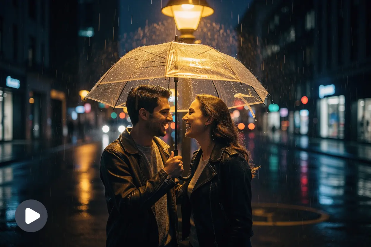 Loving couple standing under an umbrella on a rainy city street at night.
