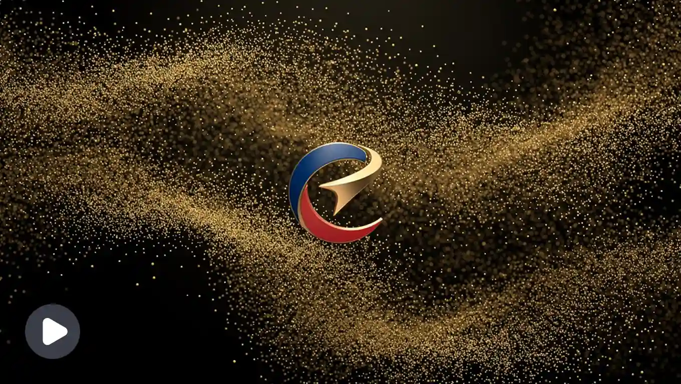 Golden particles gather to form the logo on a luxurious black background.