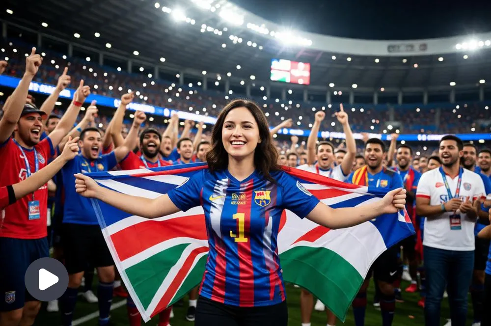 Female football fan carrying a national flag.
