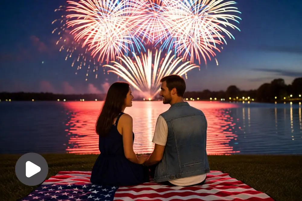 Couple enjoying a lakeside fireworks picnic.