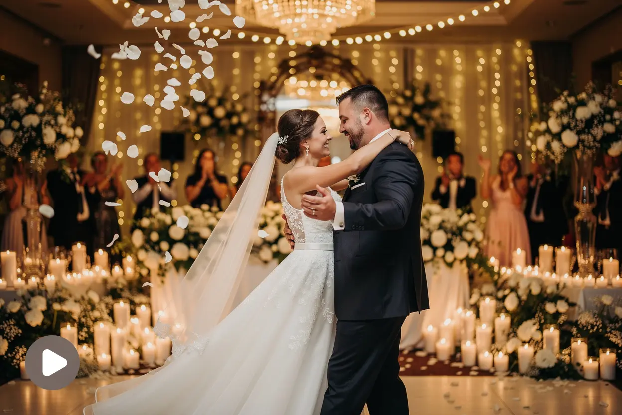 Newly married couple sharing their first dance in a flower-filled wedding hall.