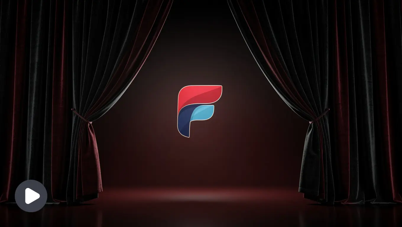 A dark curtain-like opening unveils the logo with an elegant reveal.