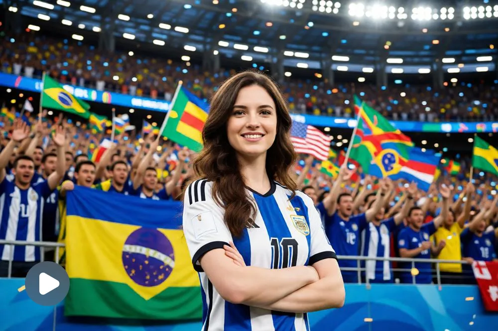 Woman in a football jersey at a World Cup stadium.