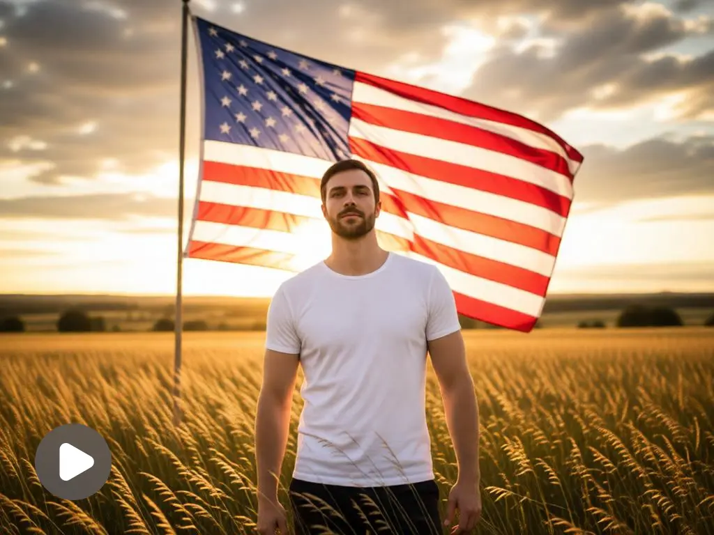 Man in a field with a waving American flag.