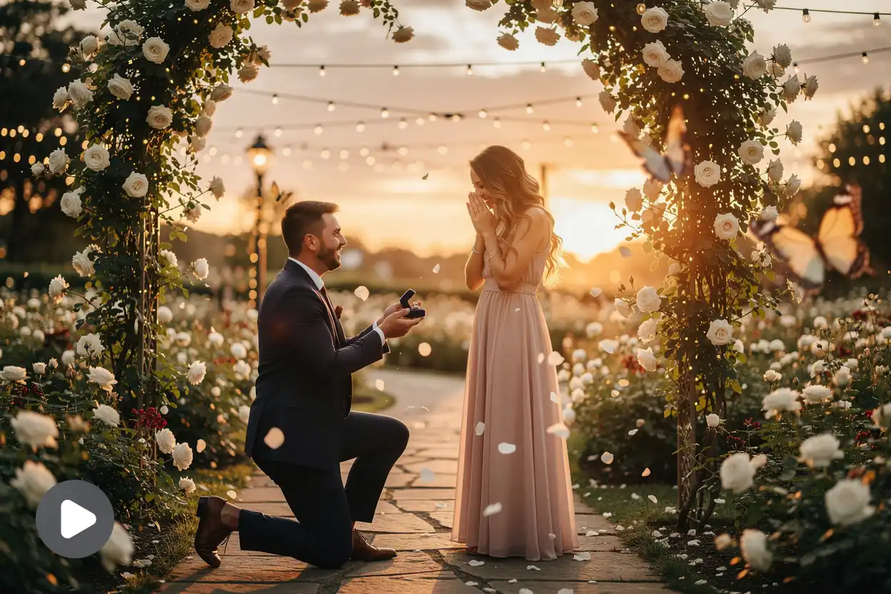 Man proposing to his partner in a flower garden filled with white roses and fairy lights.