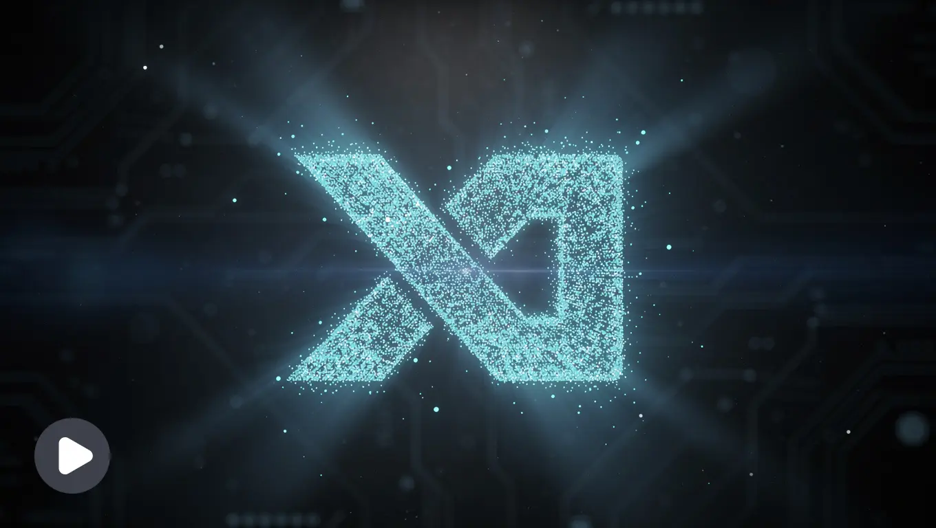 Glowing particles assemble into a futuristic logo on a dark tech-inspired background.