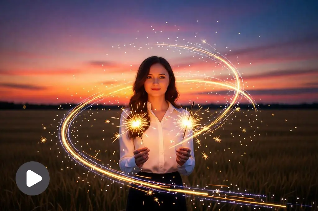 Woman holding sparklers at sunset.