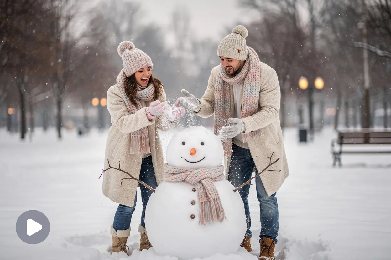 Happy couple in cozy winter clothes building a snowman as snow falls around them.