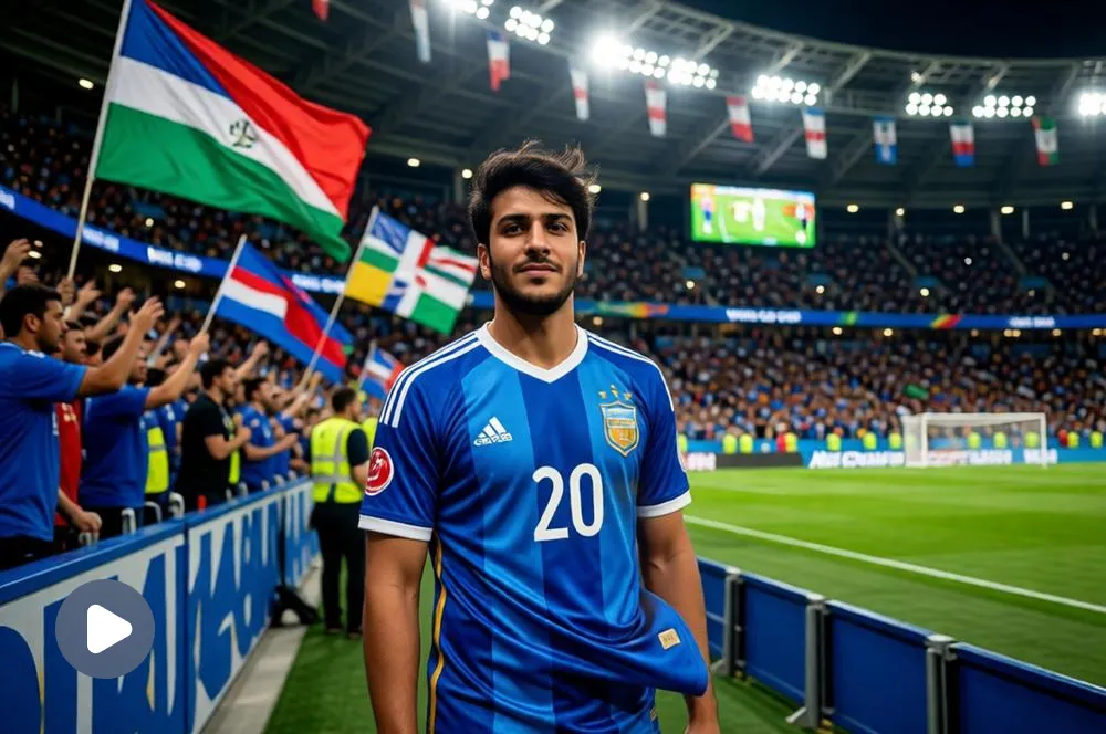  Football supporter standing in a packed stadium.