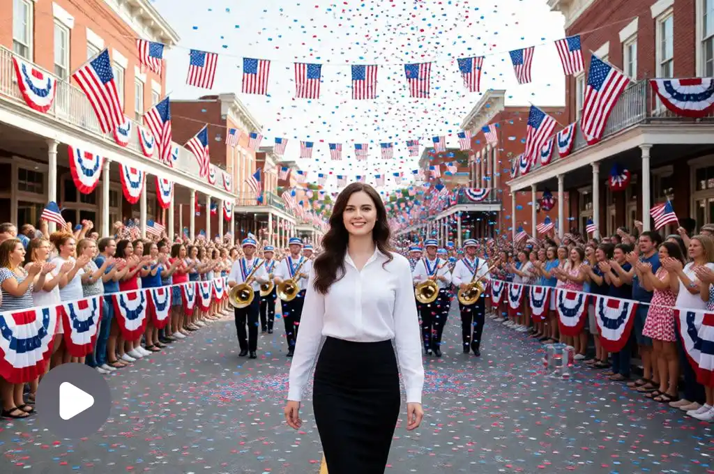 Woman enjoying a festive Fourth of July parade.