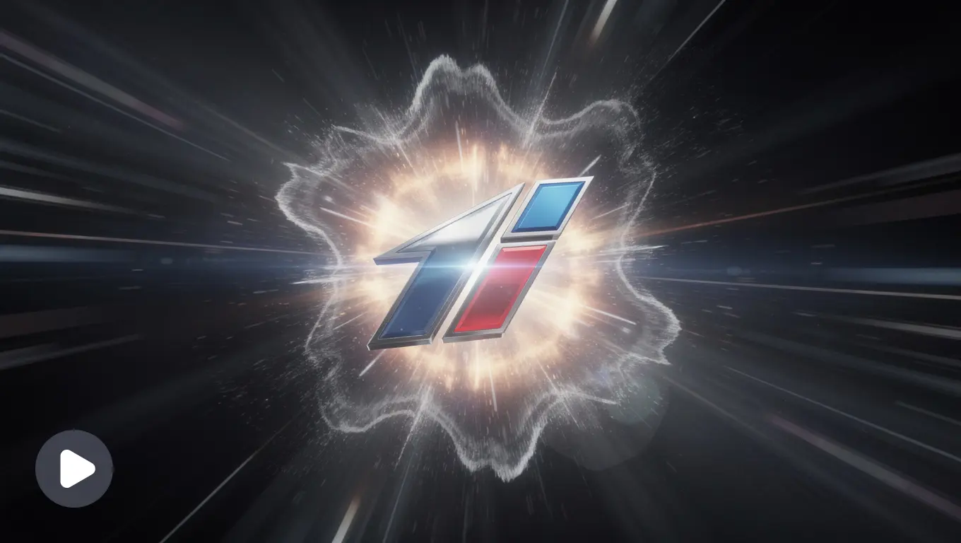 The logo lands with a bold impact, subtle shake, and flash before settling.
