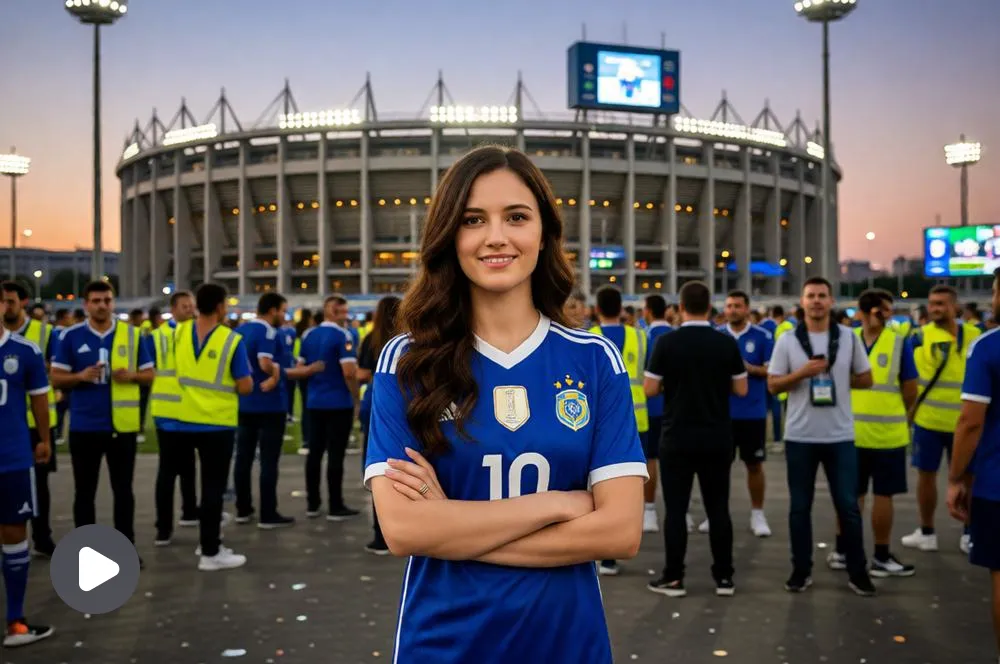 Woman transforming into a football jersey outside a stadium.