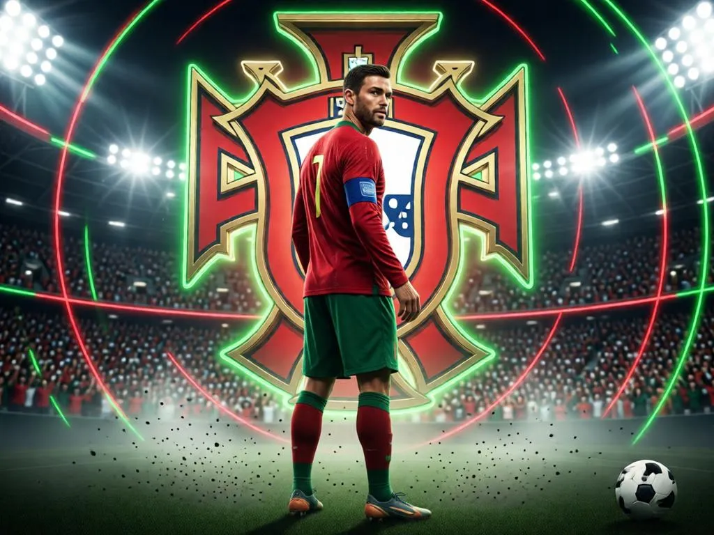 Portugal football player side-profile poster in a dramatic stadium setting.