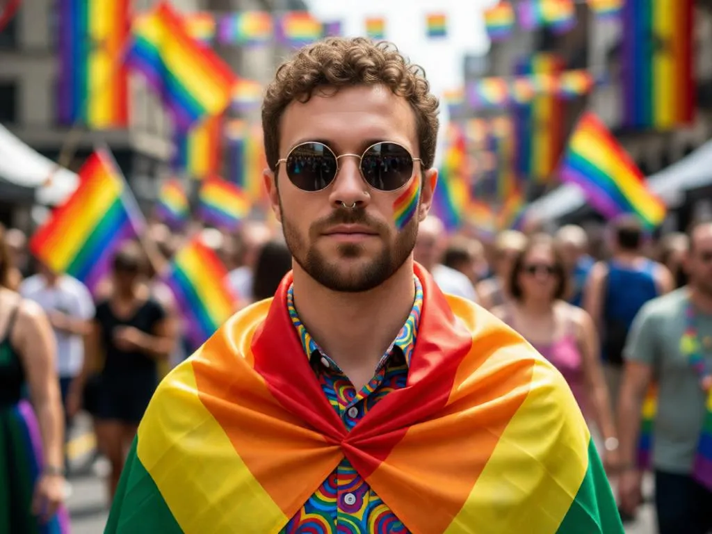 Person wrapped in a rainbow Pride flag at a crowded Pride parade.