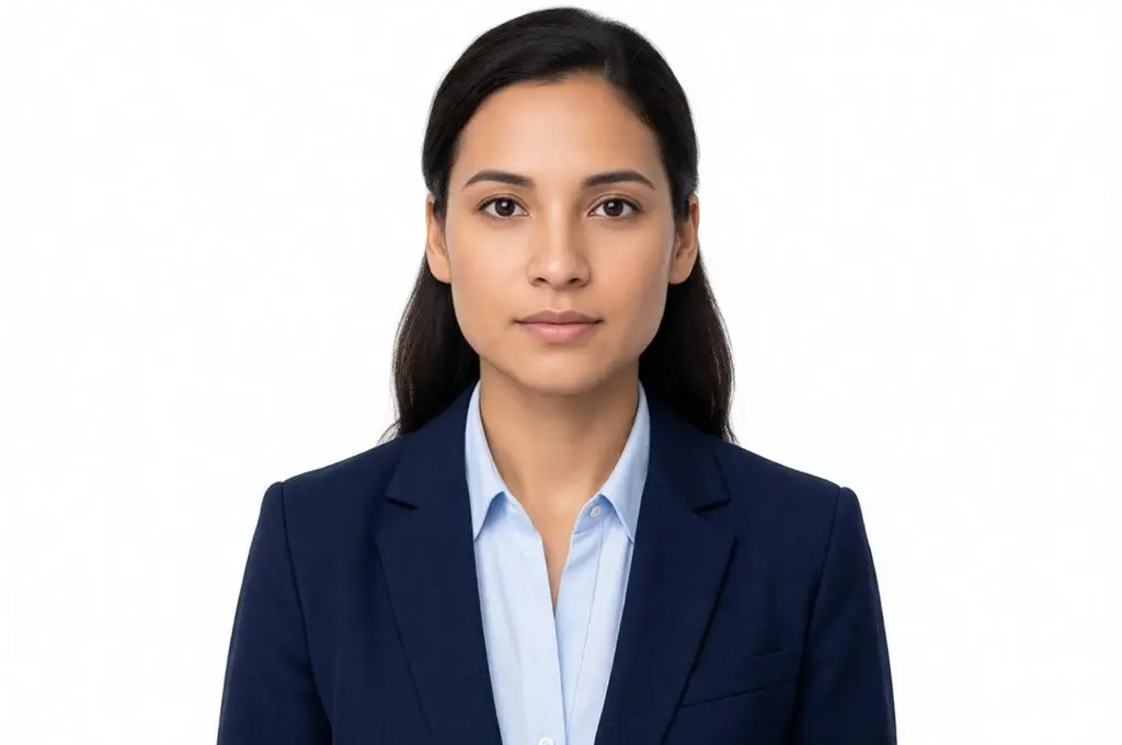 Professional woman wearing a blazer and formal blouse, looking directly at the camera with a neutral expression on a plain white background.