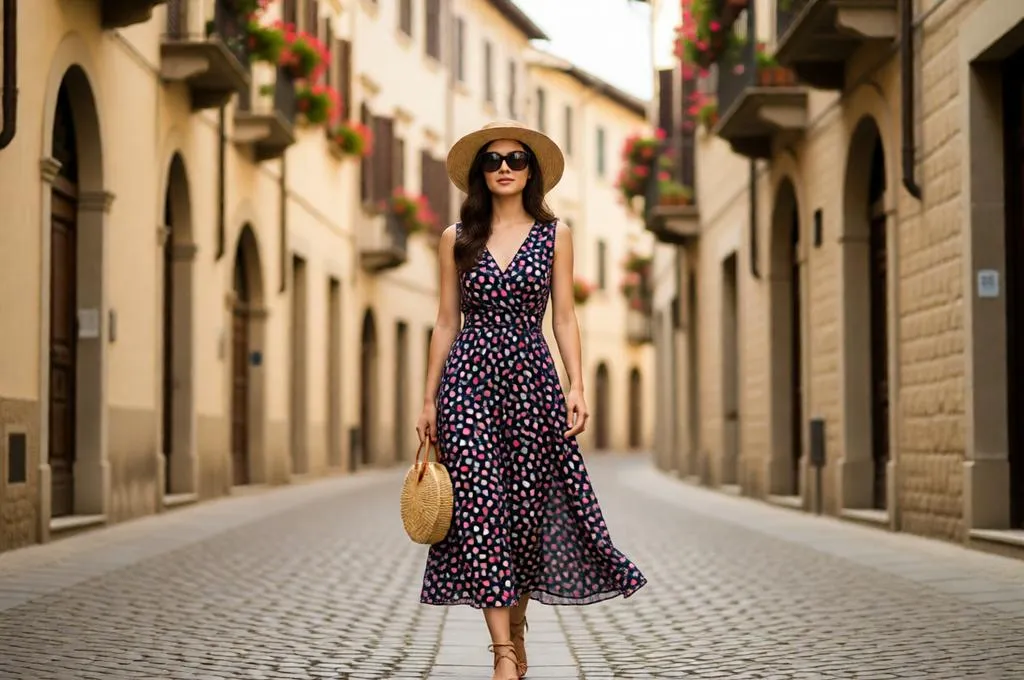 A woman in a floral midi dress walking through an Italian street.