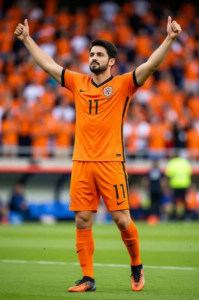 Dutch footballer in an orange kit celebrating with both arms raised.