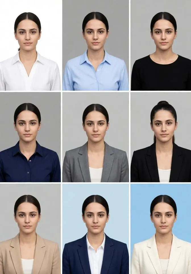Printable 3×3 grid of nine passport photos of the same woman in different professional outfits and background colors.