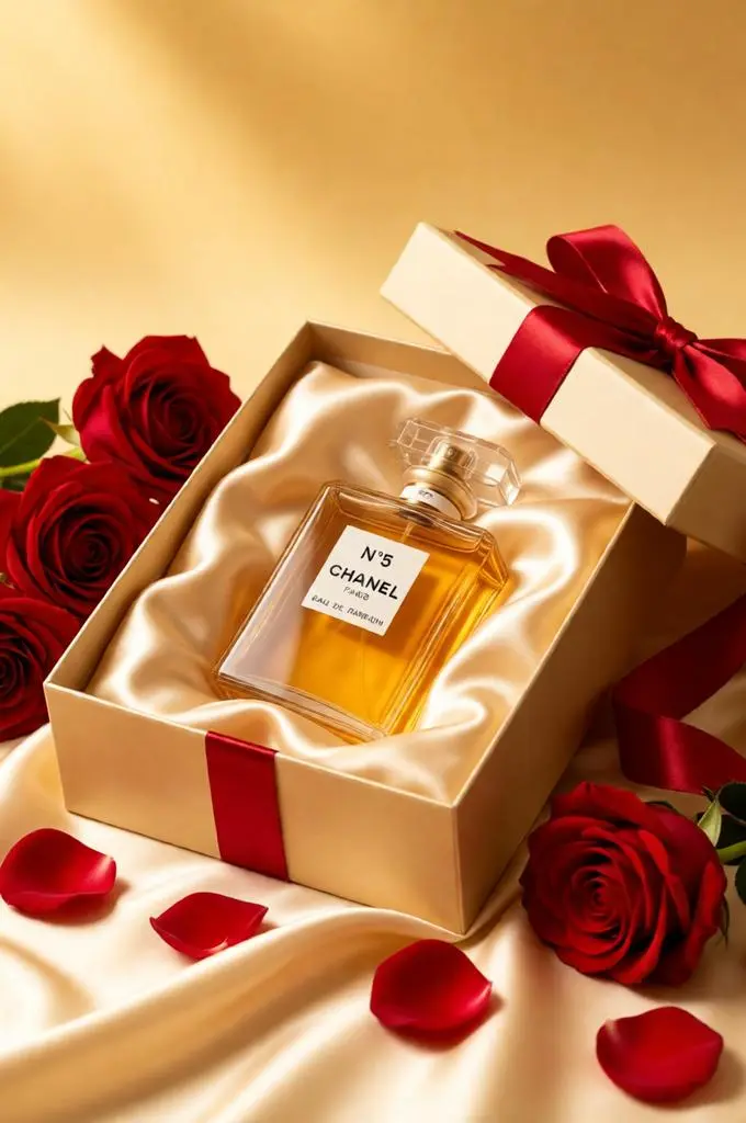 Perfume bottle inside a satin-lined gift box surrounded by red roses and romantic ribbon details.