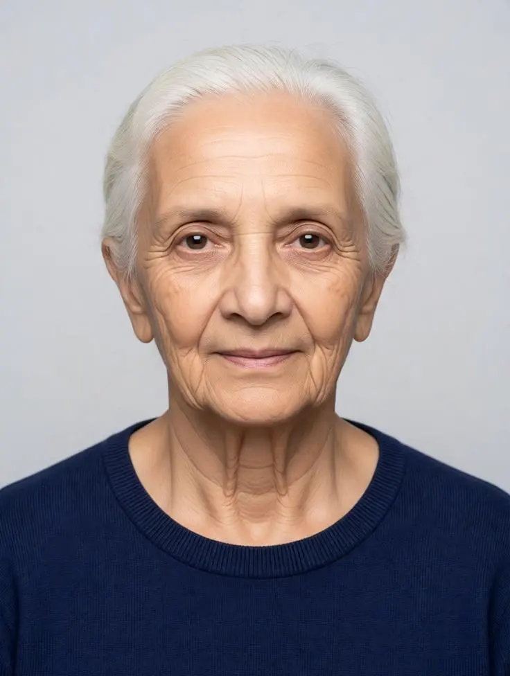 Elderly woman with short white hair wearing a navy sweater, posing for a professional passport-style portrait on a light gray background.