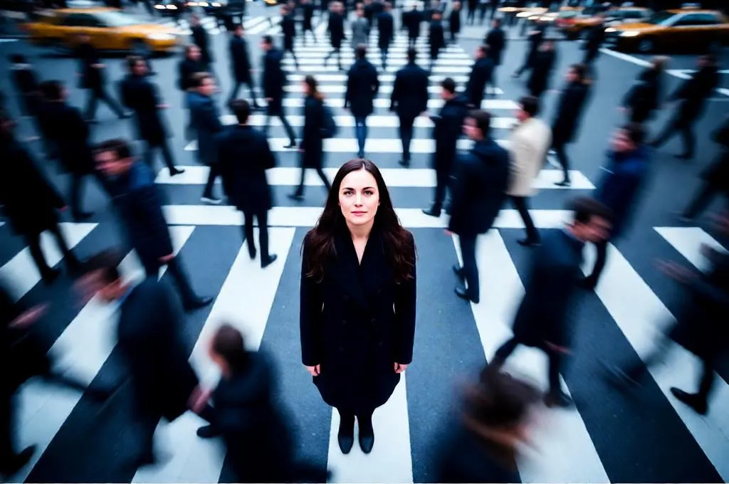 Overhead portrait with crowd motion blur.