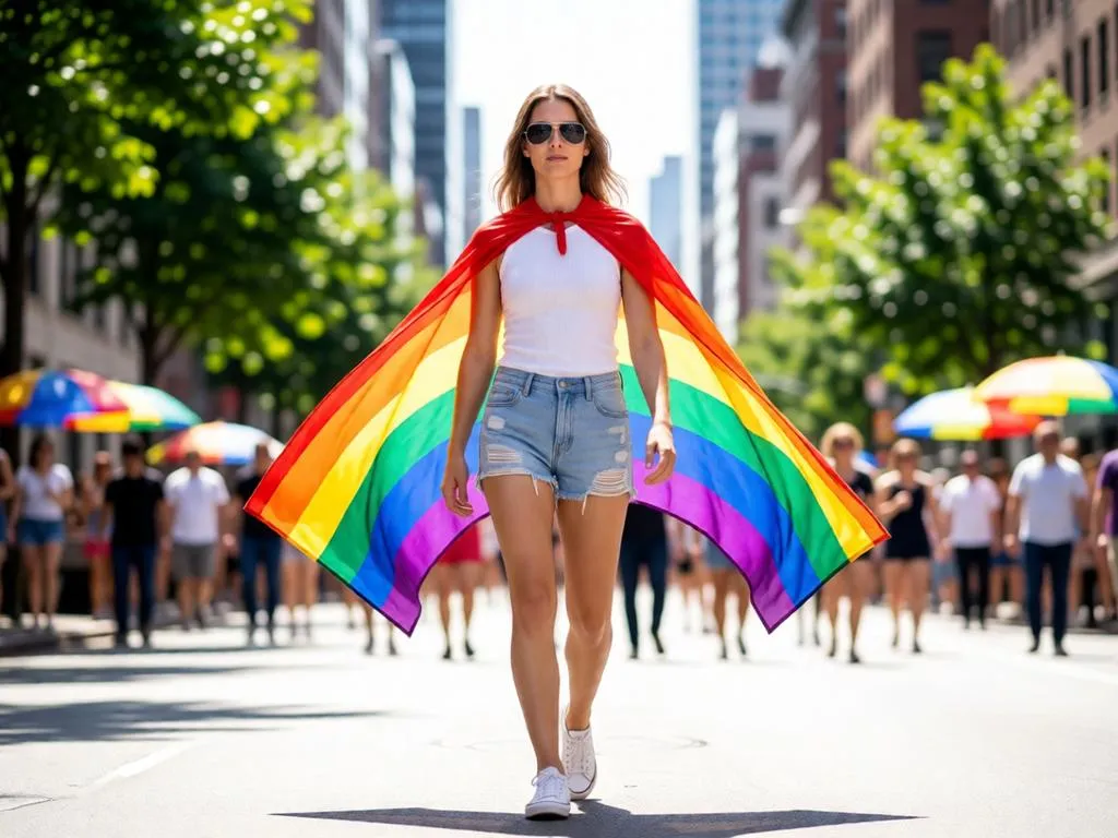 oman walking at a Pride parade with a rainbow flag cape.