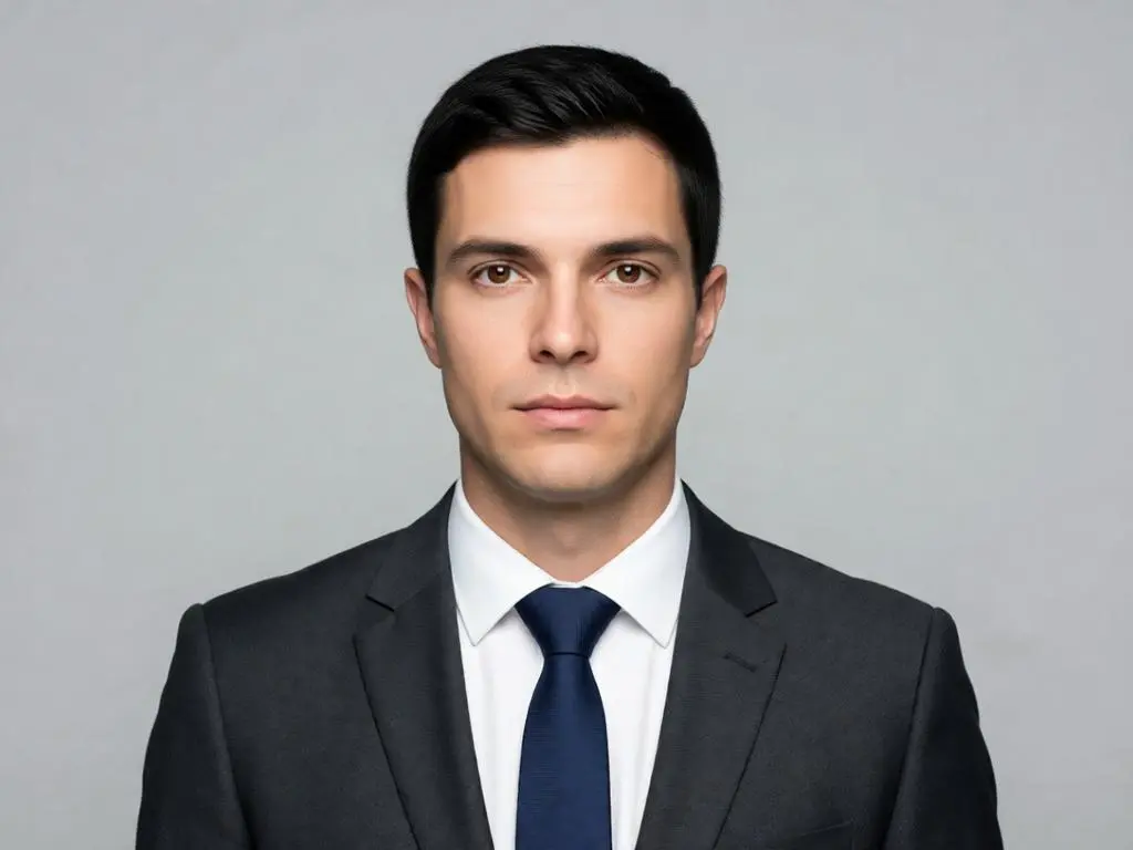 Adult man in a dark suit and navy tie, facing the camera with a neutral expression against a light gray background in a professional passport photo.