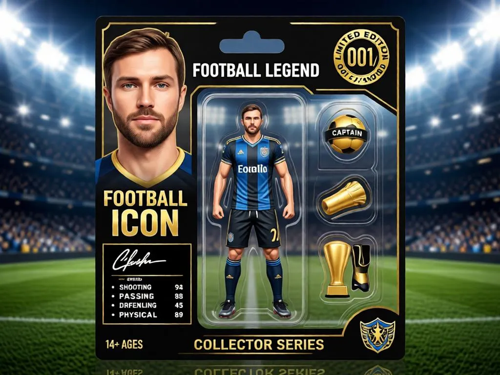 Football action figure in black and gold collector packaging.