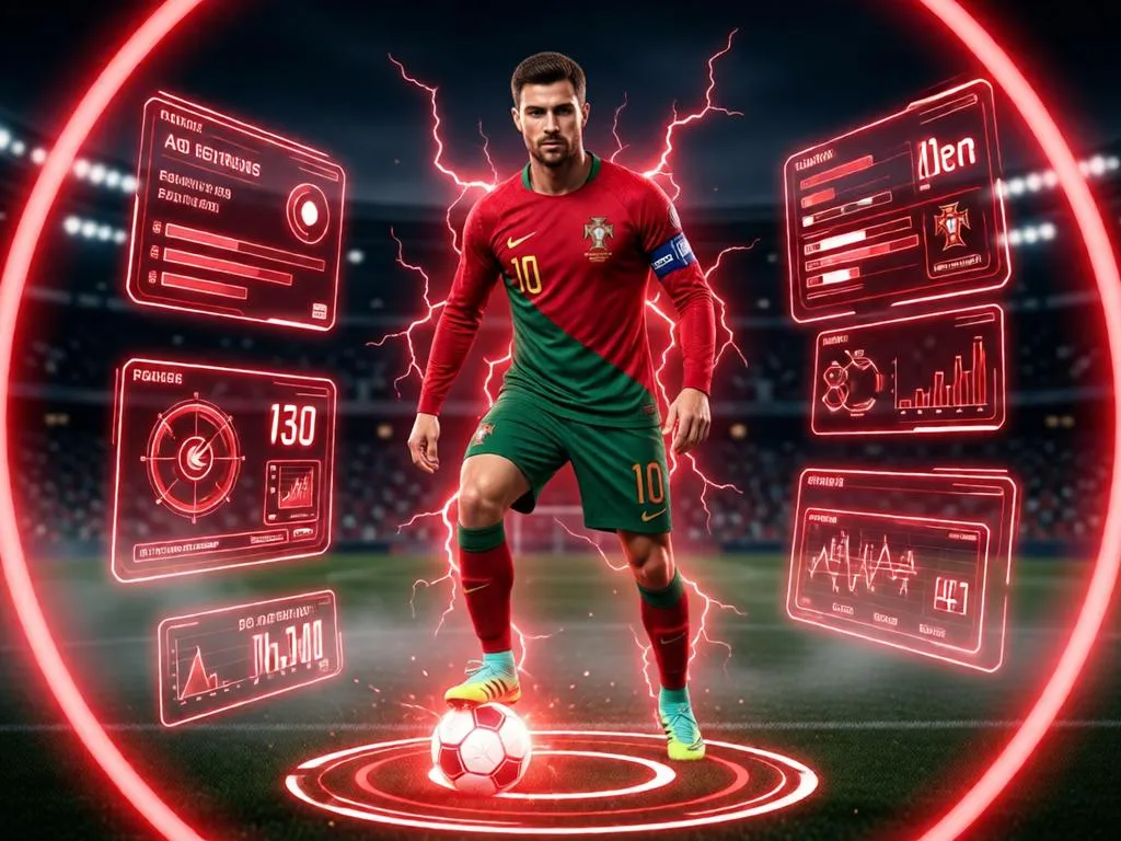 Portugal football star with futuristic sports graphics and energy effects.
