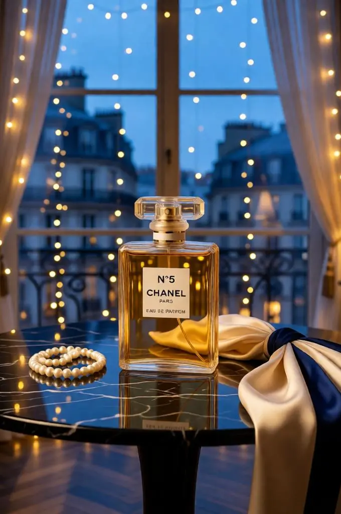Luxury perfume bottle on black marble inside a romantic Parisian apartment during blue hour.