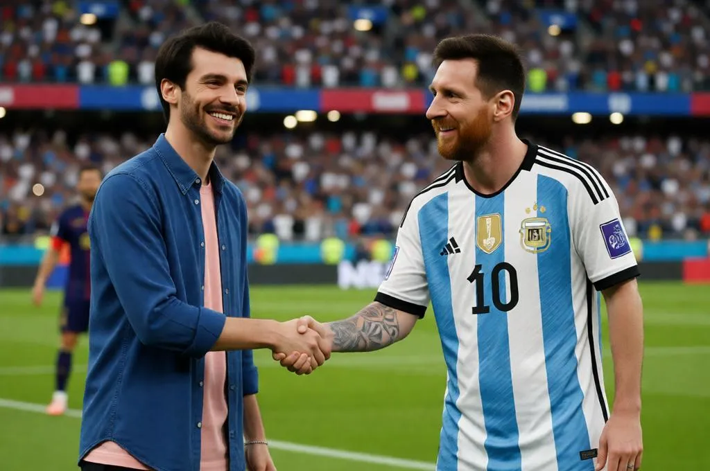Person shaking hands with Lionel Messi in a realistic football stadium setting.