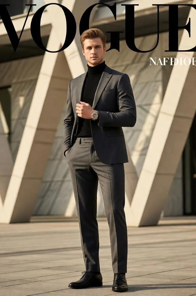 Man in a tailored charcoal suit posing confidently outside a modern architectural landmark in a luxury fashion editorial photoshoot.