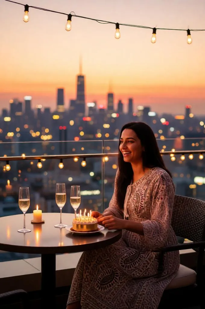 A stylish birthday celebration at a rooftop restaurant during sunset with champagne, elegant fashion, and a glowing city skyline.