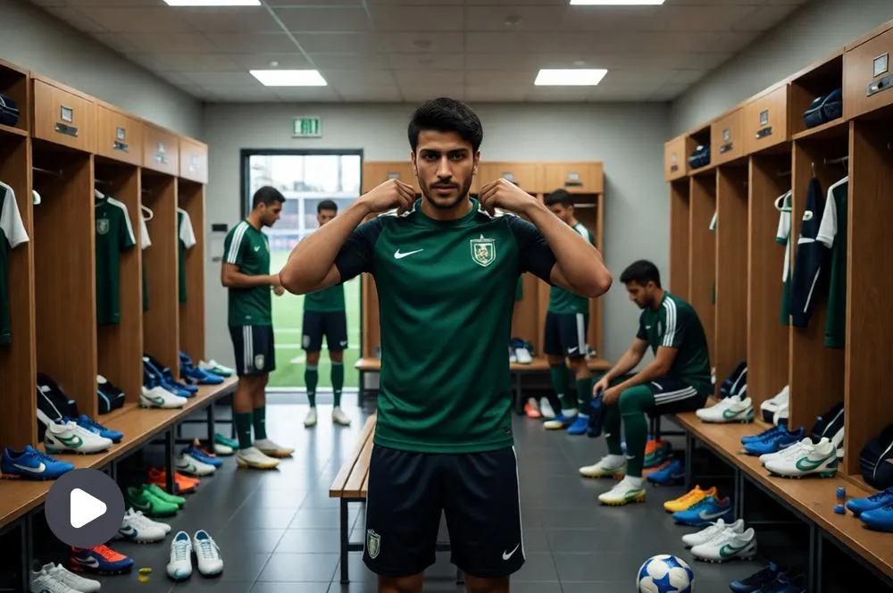 Player transforming into a football jersey in a locker room.