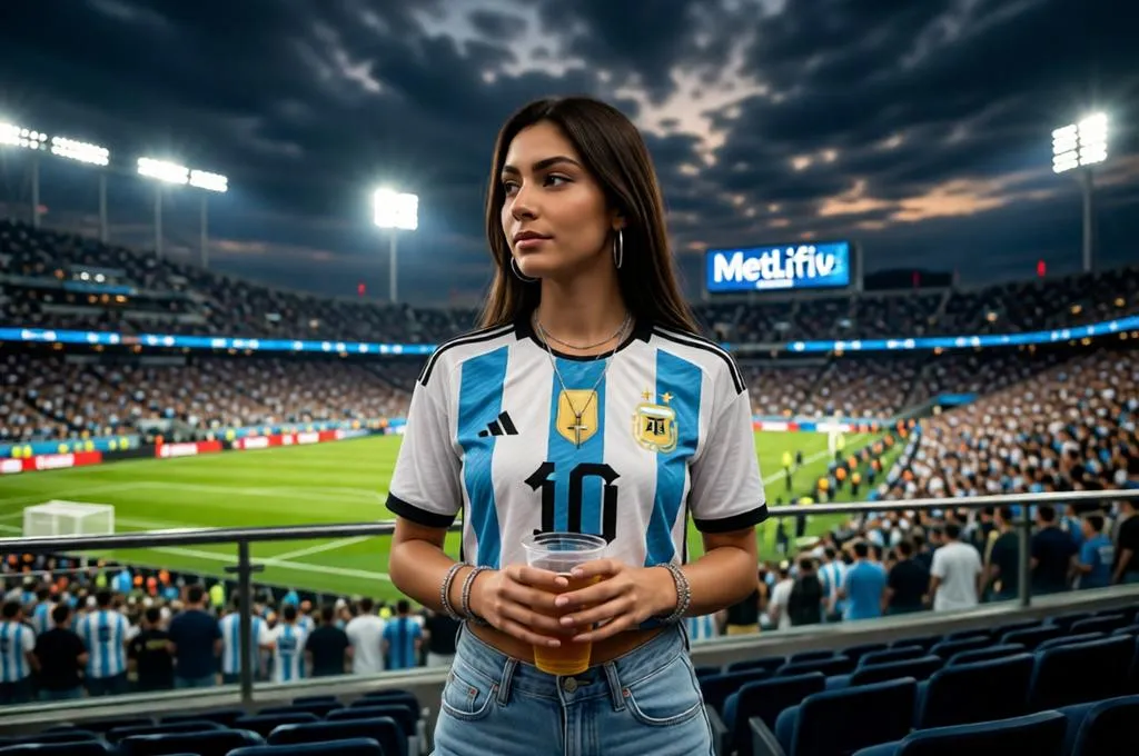 Young woman in an Argentina jersey watching a football match from a VIP stadium section.