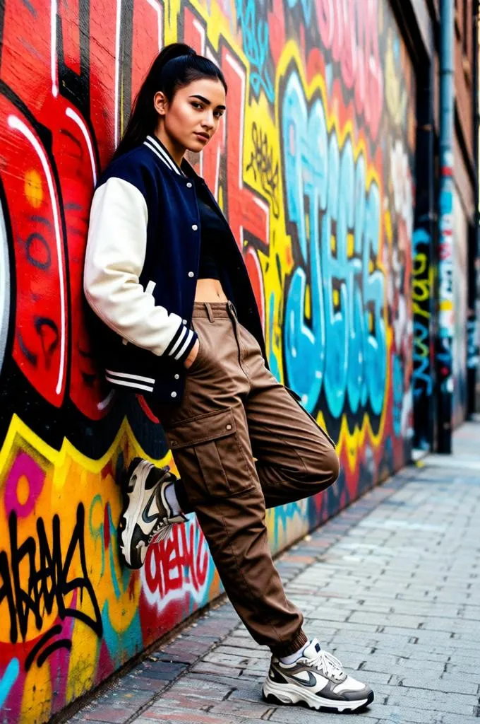 Woman in a varsity jacket and cargo pants leaning against a vibrant graffiti wall in an urban alley.