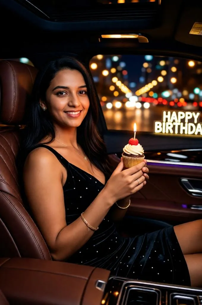 A chic birthday portrait inside a luxury car at night, holding a cupcake with city-light bokeh and flash photography.