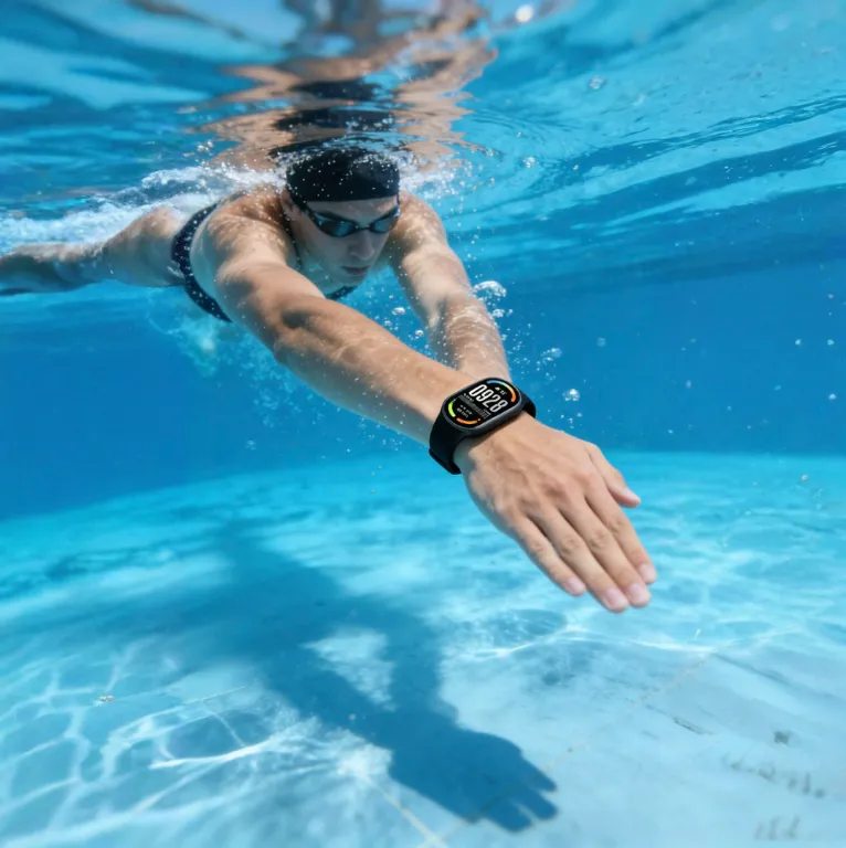 Waterproof smartwatch worn by a swimmer gliding underwater through a crystal-clear pool surrounded by bubbles and shimmering sunlight.