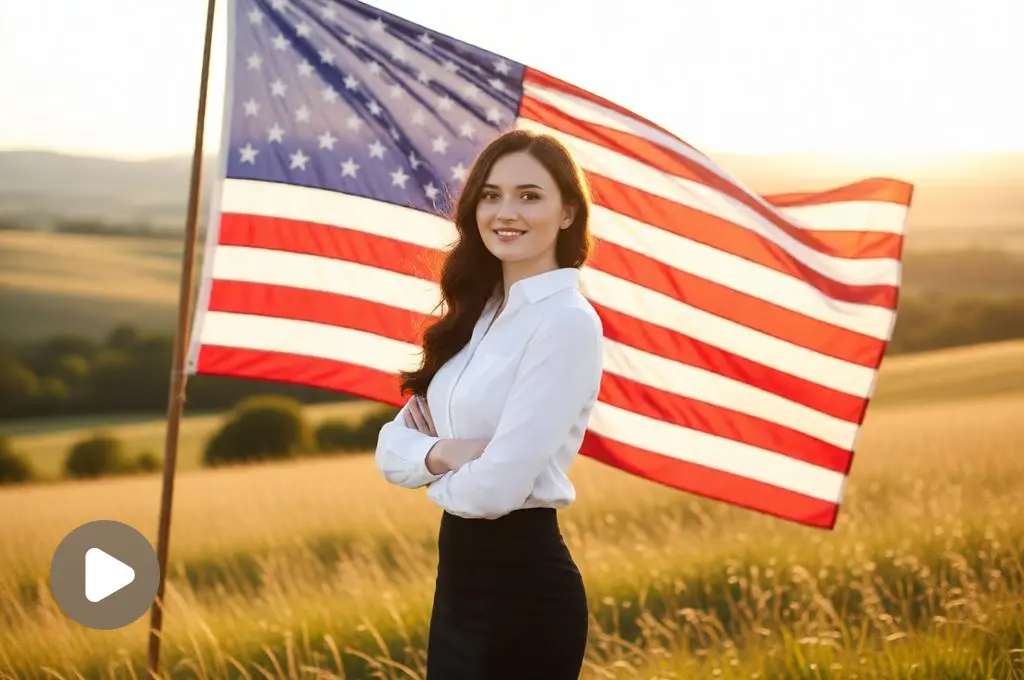 Woman posing with a large American flag.