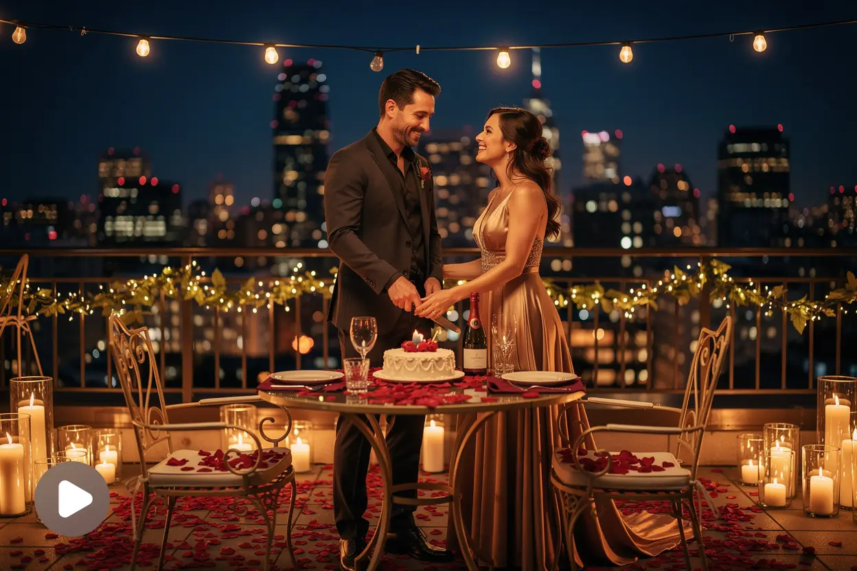 Couple celebrating their anniversary on a candlelit rooftop with cake, roses, and city lights.