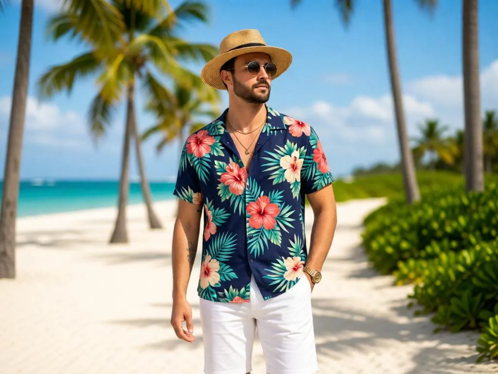 Man in tropical Hawaiian shirt on beach pathway.