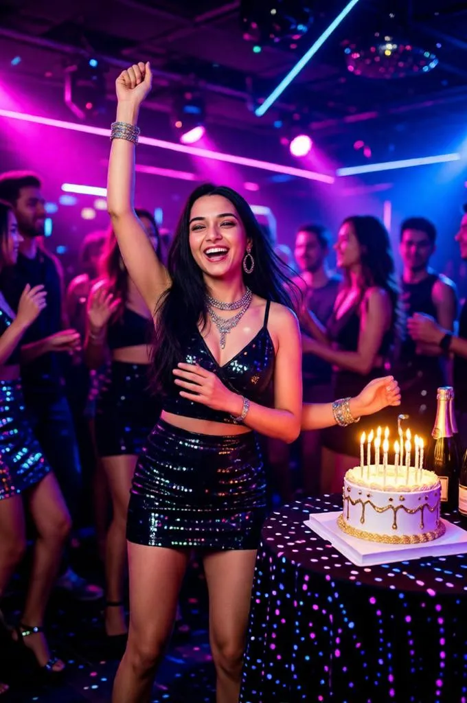 A lively nightclub birthday party with flash photography, neon lights, dancing, and a VIP celebration atmosphere.