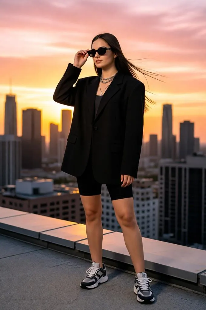 Woman in luxury streetwear standing on a rooftop at sunset overlooking a modern city skyline.