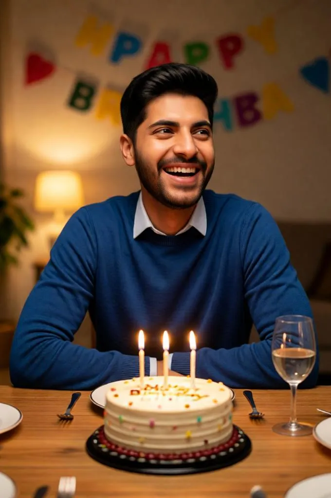 A candid birthday celebration at home with laughter, warm indoor lighting, and a homemade birthday cake.