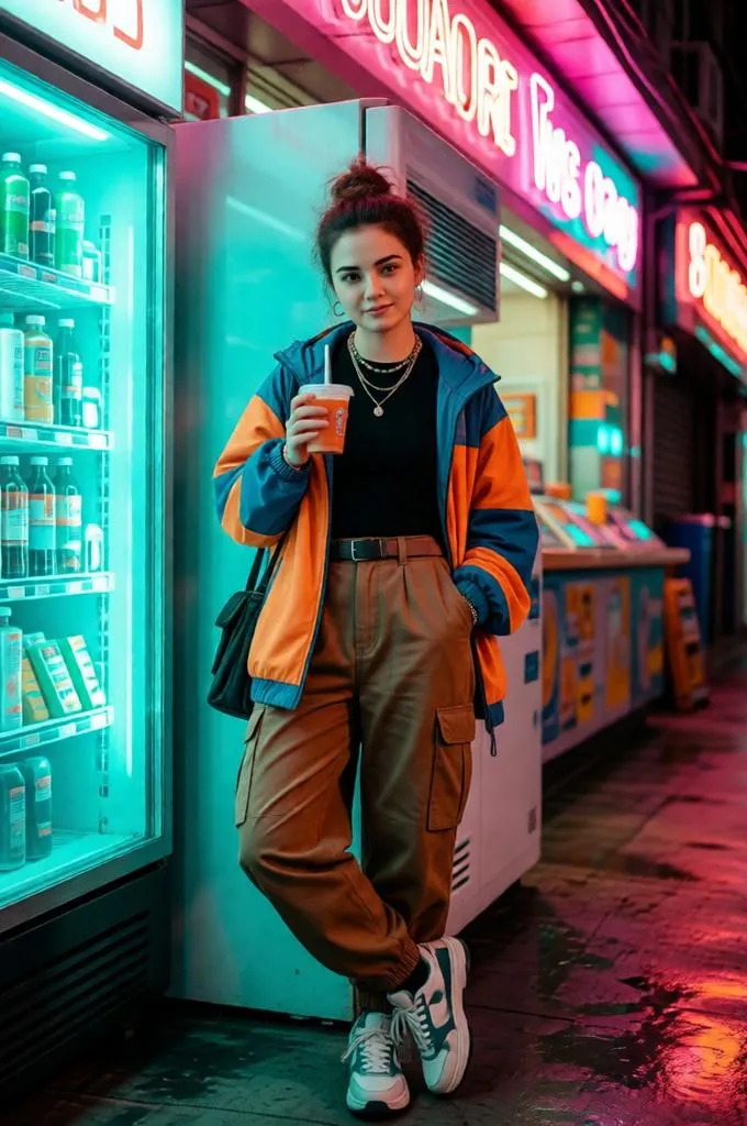 Woman in colorful Y2K streetwear posing inside a brightly lit late-night convenience store.