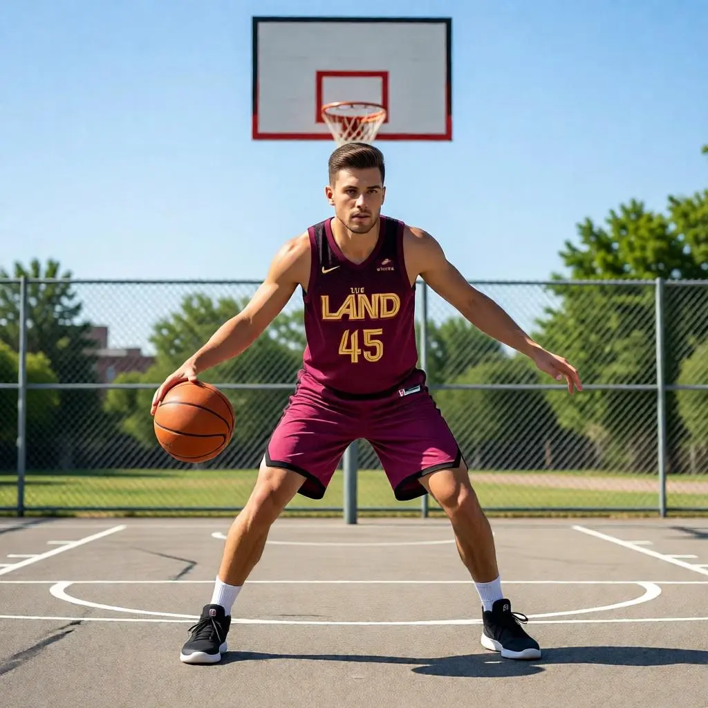 Basketball player dribbling in a custom basketball jersey mockup on an outdoor court with a hoop in the background.