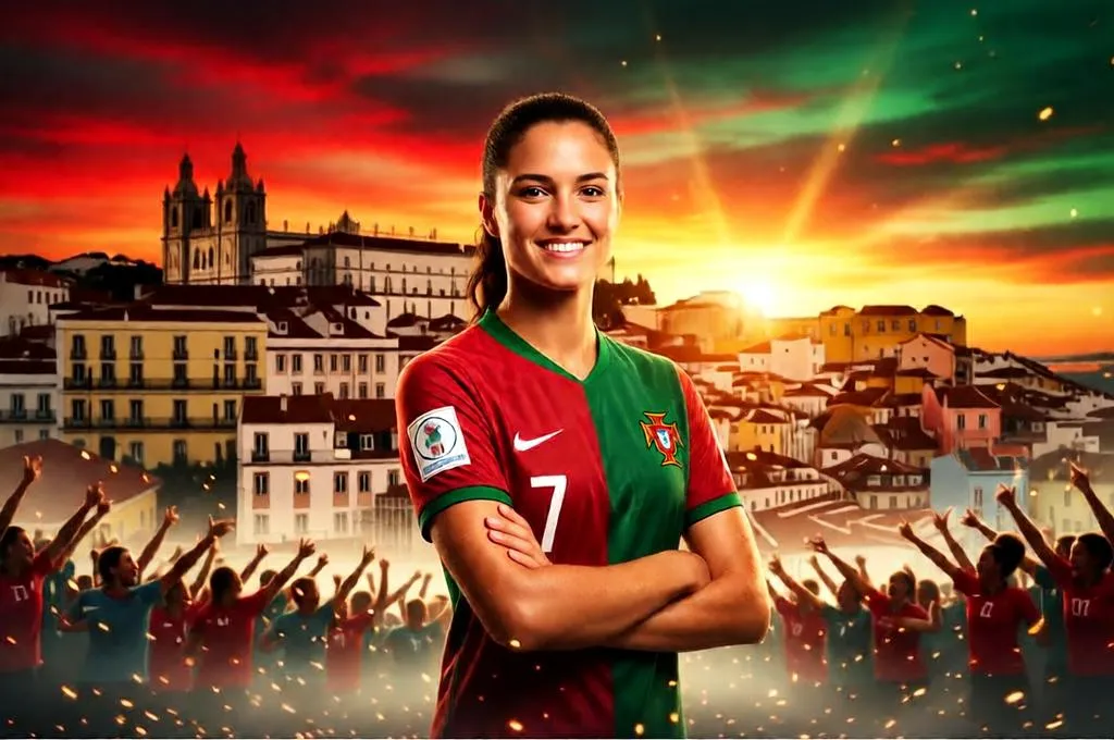 Portugal women's football star with Lisbon skyline backdrop.