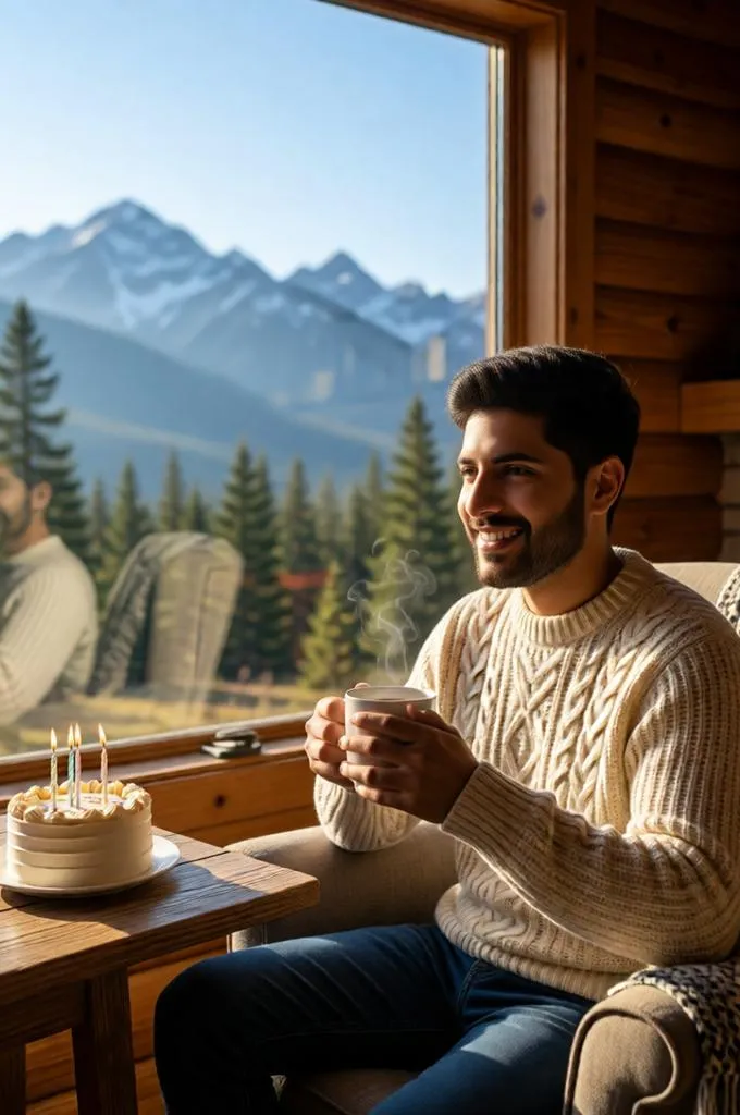 A peaceful birthday morning by a cabin window with coffee, a small cake, and mountain views.
