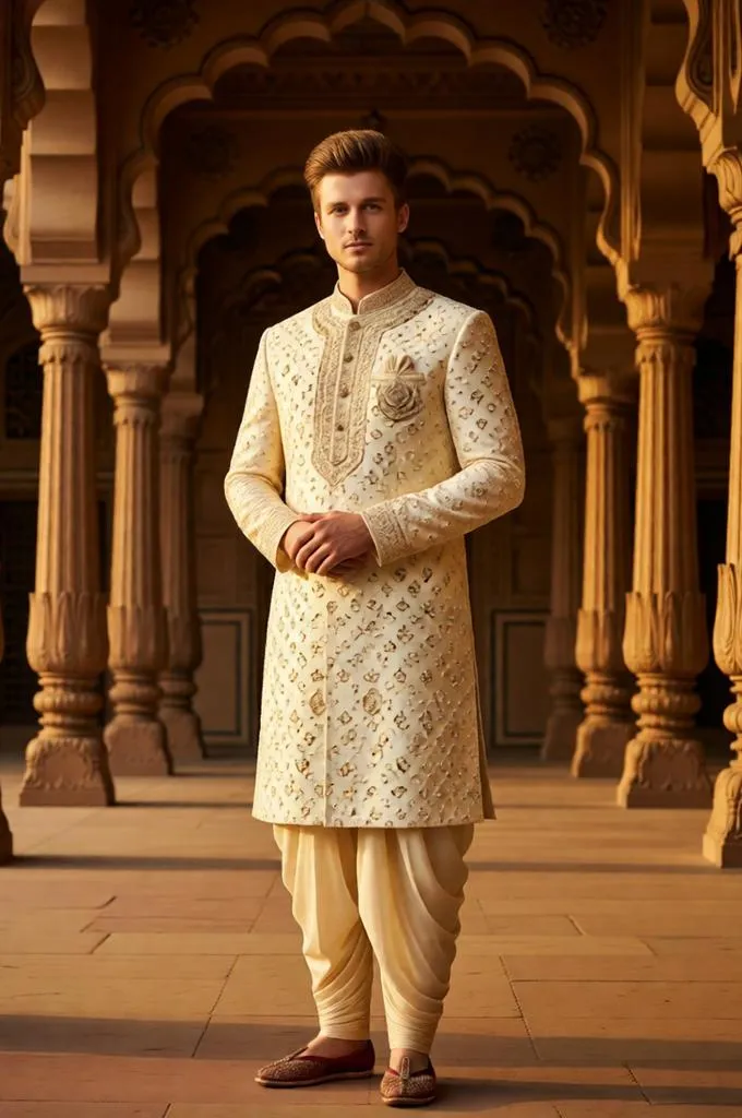 Man in an embroidered ivory sherwani standing in a grand palace courtyard with sandstone arches and pillars.